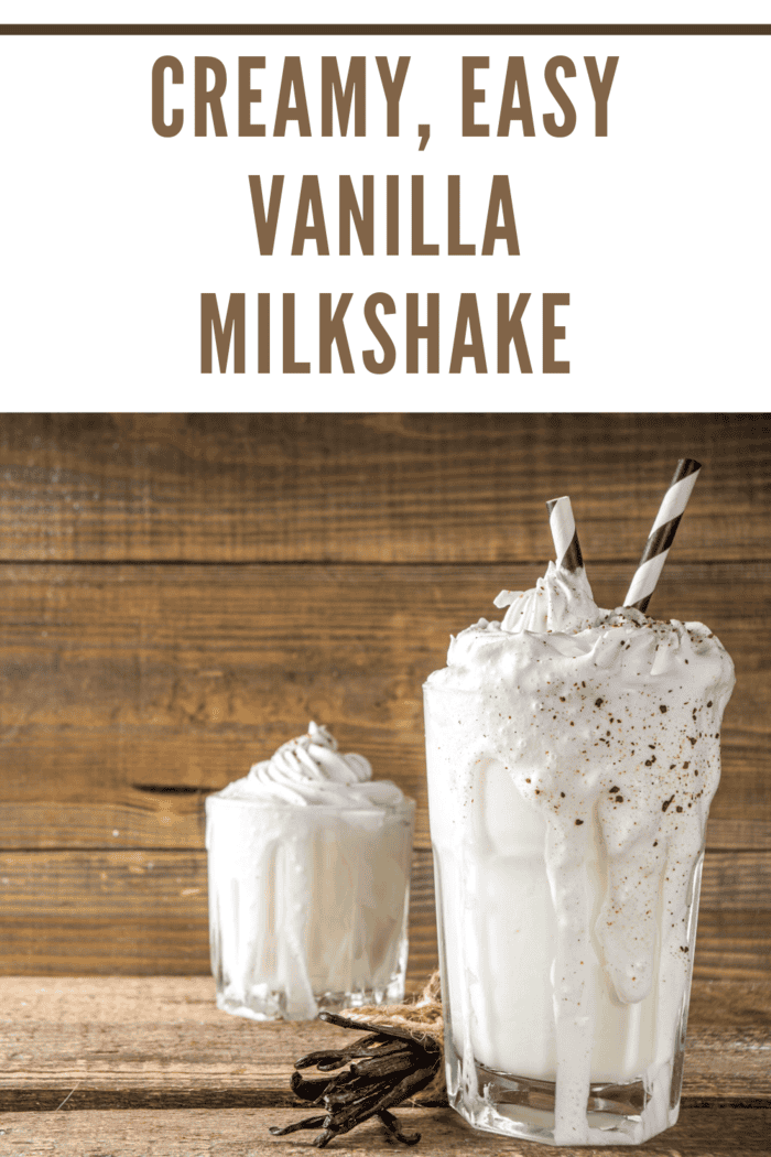 Easy vanilla milkshake with a straw and garnished with a fresh vanilla bean for a classic touch