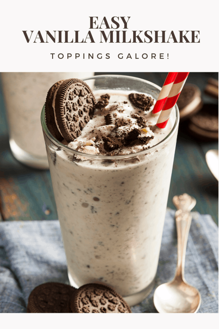 Easy vanilla milkshake with chocolate syrup and an Oreo cookie on top, perfect for a treat