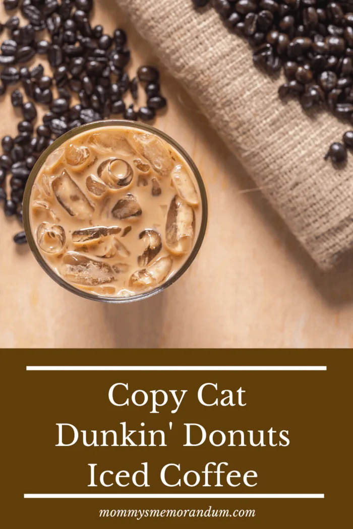 Overhead view of a glass of iced coffee with ice cubes, surrounded by coffee beans and burlap sack, labeled 'Copy Cat Dunkin' Donuts Iced Coffee.'