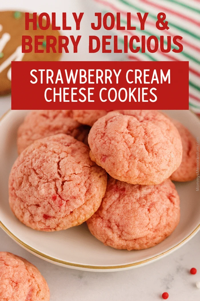 A holiday-themed plate of strawberry cream cheese cookies styled with red and green accents, powdered sugar garnish, and festive decorations