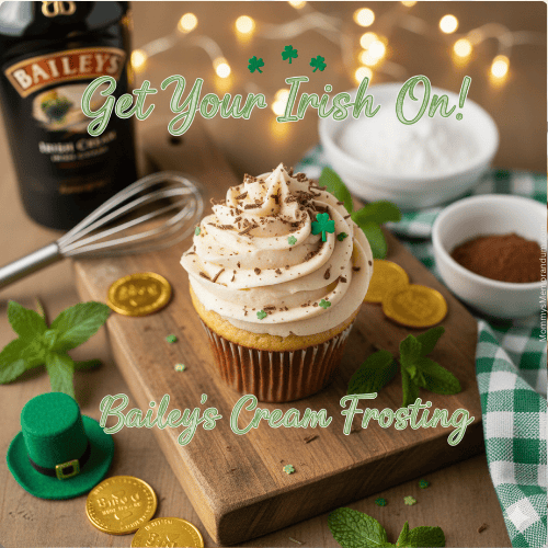 A professional flat-lay photograph for St. Patrick's Day featuring a bowl of fluffy Bailey's Irish Cream frosting. The scene is decorated with green shamrocks, gold coins, and a bottle of Irish cream liqueur on a rustic wooden surface. Elegant typography over the image reads a cheeky pun: