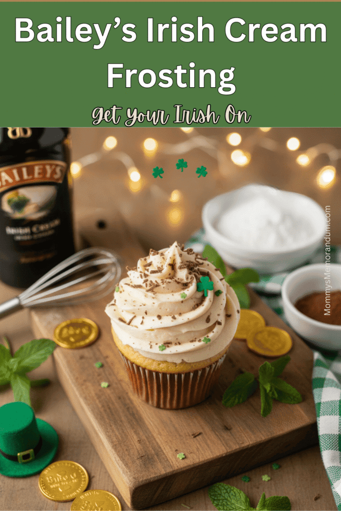 Bailey's Irish Cream Frosting Recipe Professional flat-lay photo of a bowl of fluffy Bailey's Irish Cream frosting with shamrocks, gold coins, and a bottle of Irish cream liqueur