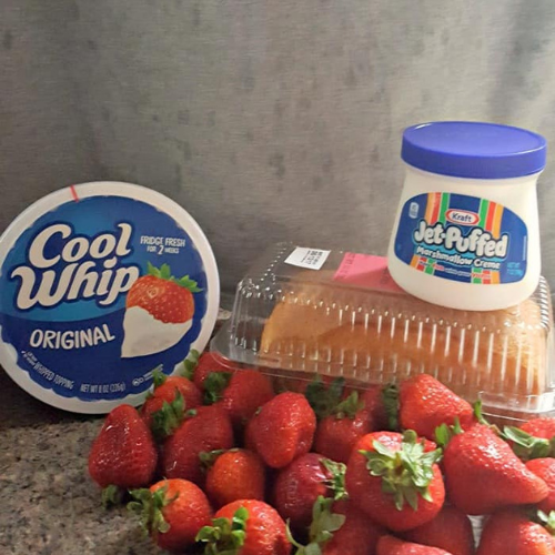 Ingredients for Angel Food Cake with Marshmallow Topping: fresh strawberries, marshmallow creme, Cool Whip.