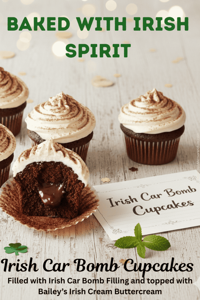 Irish Car Bomb Cupcakes with Baileys frosting and whiskey filling styled for St. Patrick&rsquo;s Day