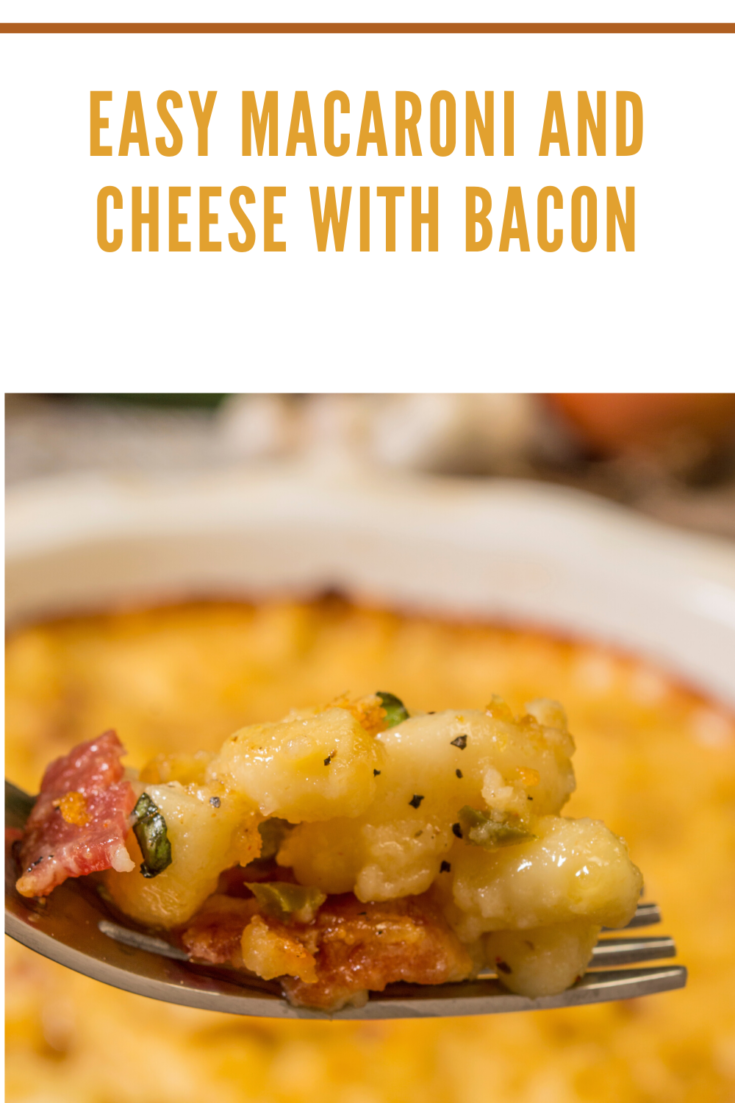 Place in a casserole dish, cover with grated cheese and bake for 20 minutes on center rack of preheated 350 degree oven for a baked macaroni and cheese with bacon dish.