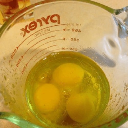 Mix root beer with oil and eggs.