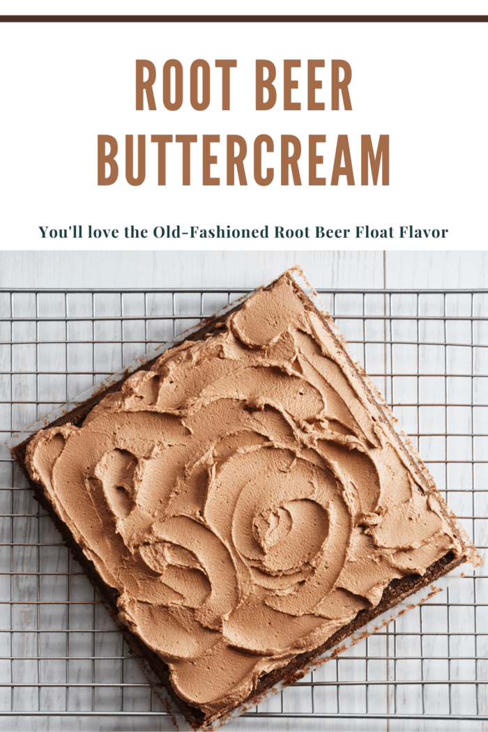 Root beer buttercream frosting spread on an 8x8 root beer cake, perfect for serving and enjoying