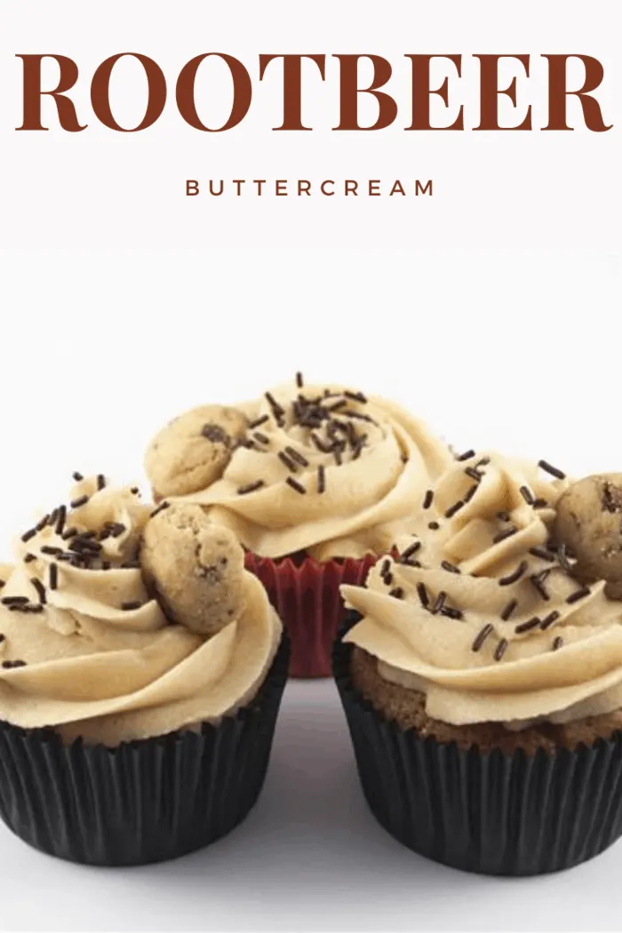 Three cupcakes with root beer buttercream frosting