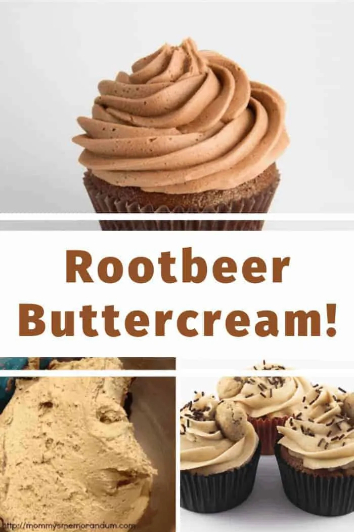 Root beer buttercream collage in mixing bowl and on cupcakes
