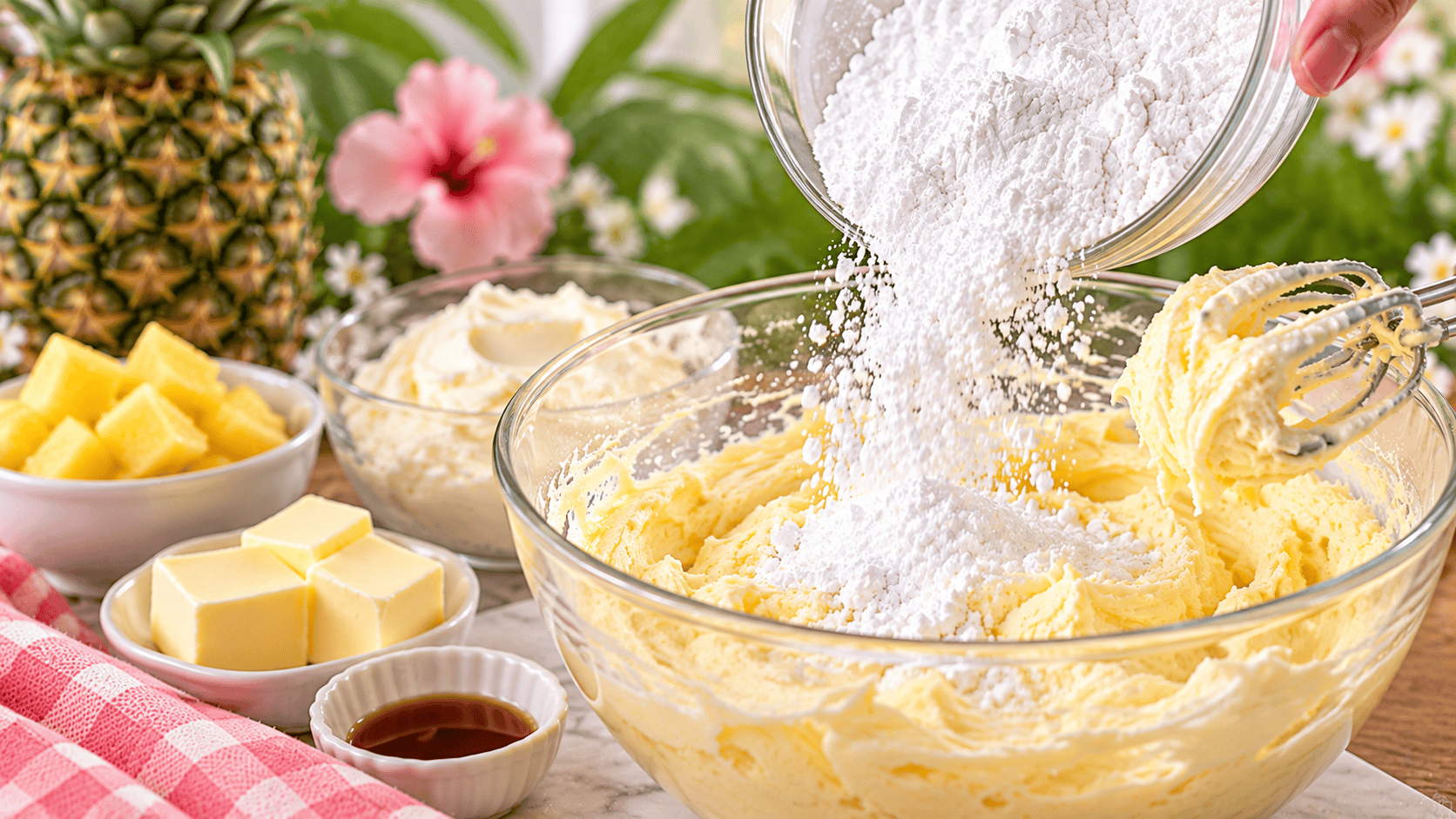 Powdered sugar being added gradually to pineapple cream cheese frosting