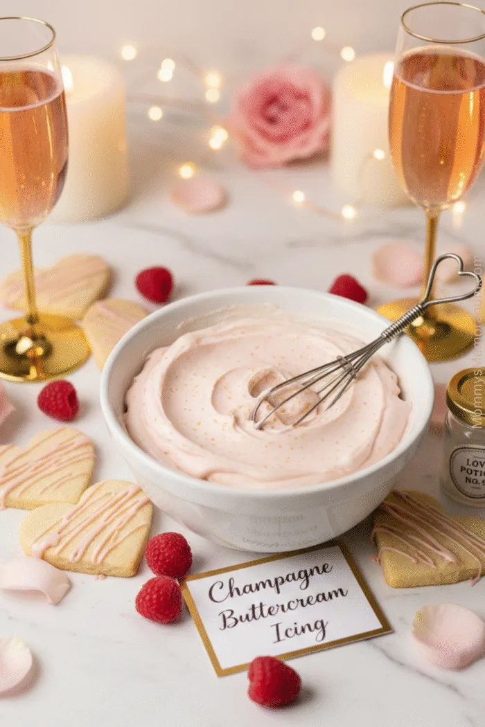 Pink champagne buttercream icing in a white bowl with whisk, decorated with heart cookies, raspberries, rose petals, and glasses of ros&eacute; champagne