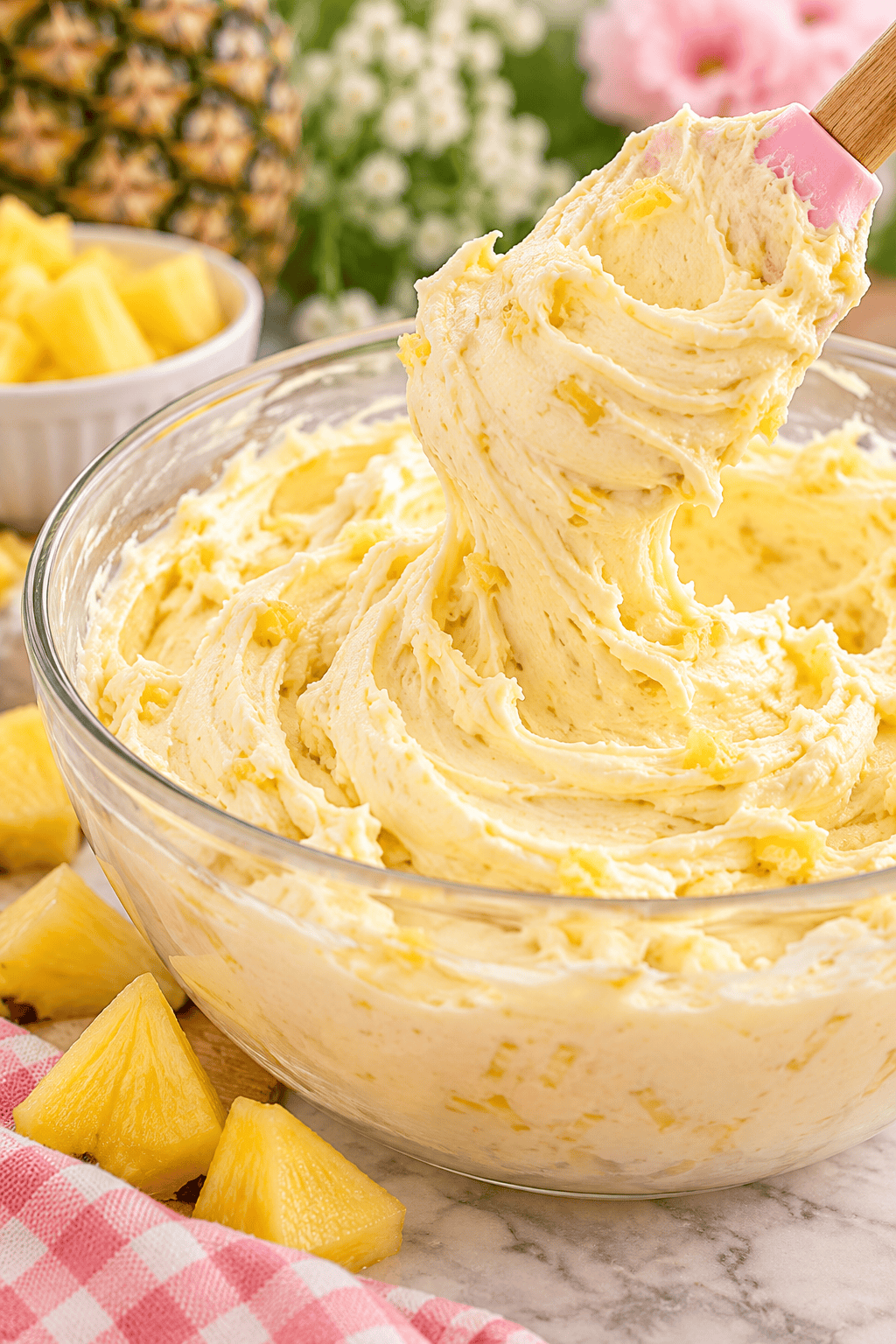 Thick creamy pineapple frosting lifted with a spatula from a glass bowl