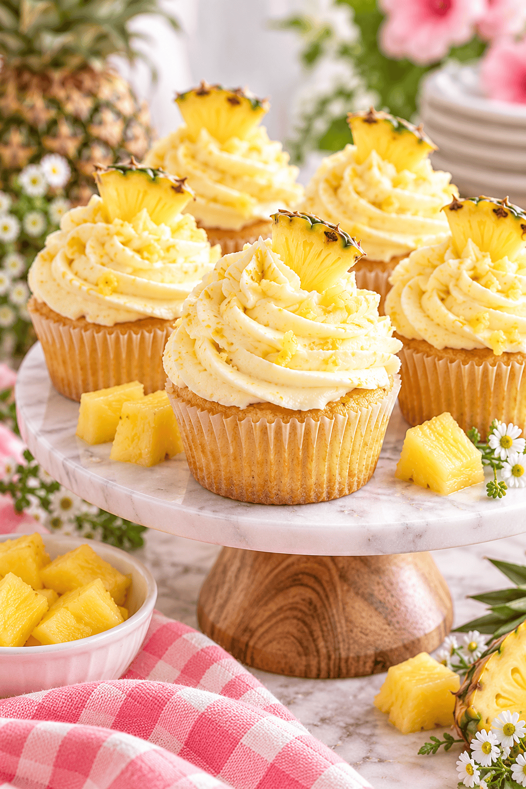 Vanilla cupcakes topped with pineapple frosting and fresh pineapple wedges