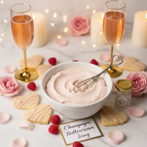 High-angle flat lay of a white bowl filled with pale pink champagne buttercream icing. A silver whisk rests in the swirls. The scene is decorated for Valentine&rsquo;s Day with heart-shaped sugar cookies, fresh raspberries, pink rose petals, and two glasses of sparkling rose champagne on a white marble surface with soft bokeh lighting.