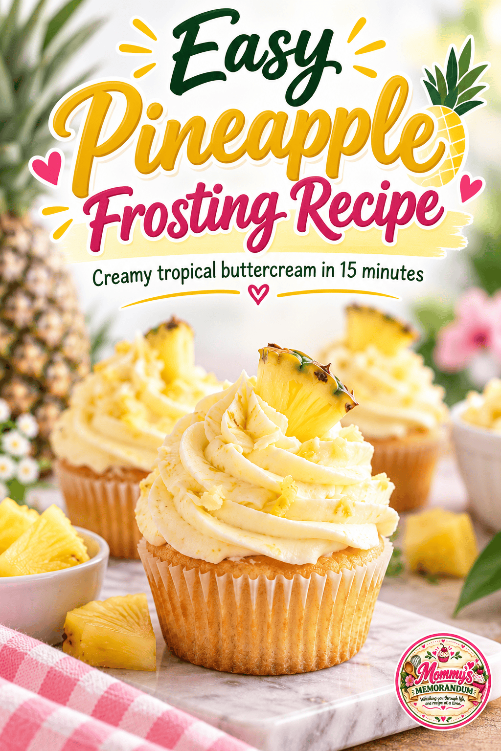 Easy pineapple frosting recipe with creamy tropical frosting on a cupcake