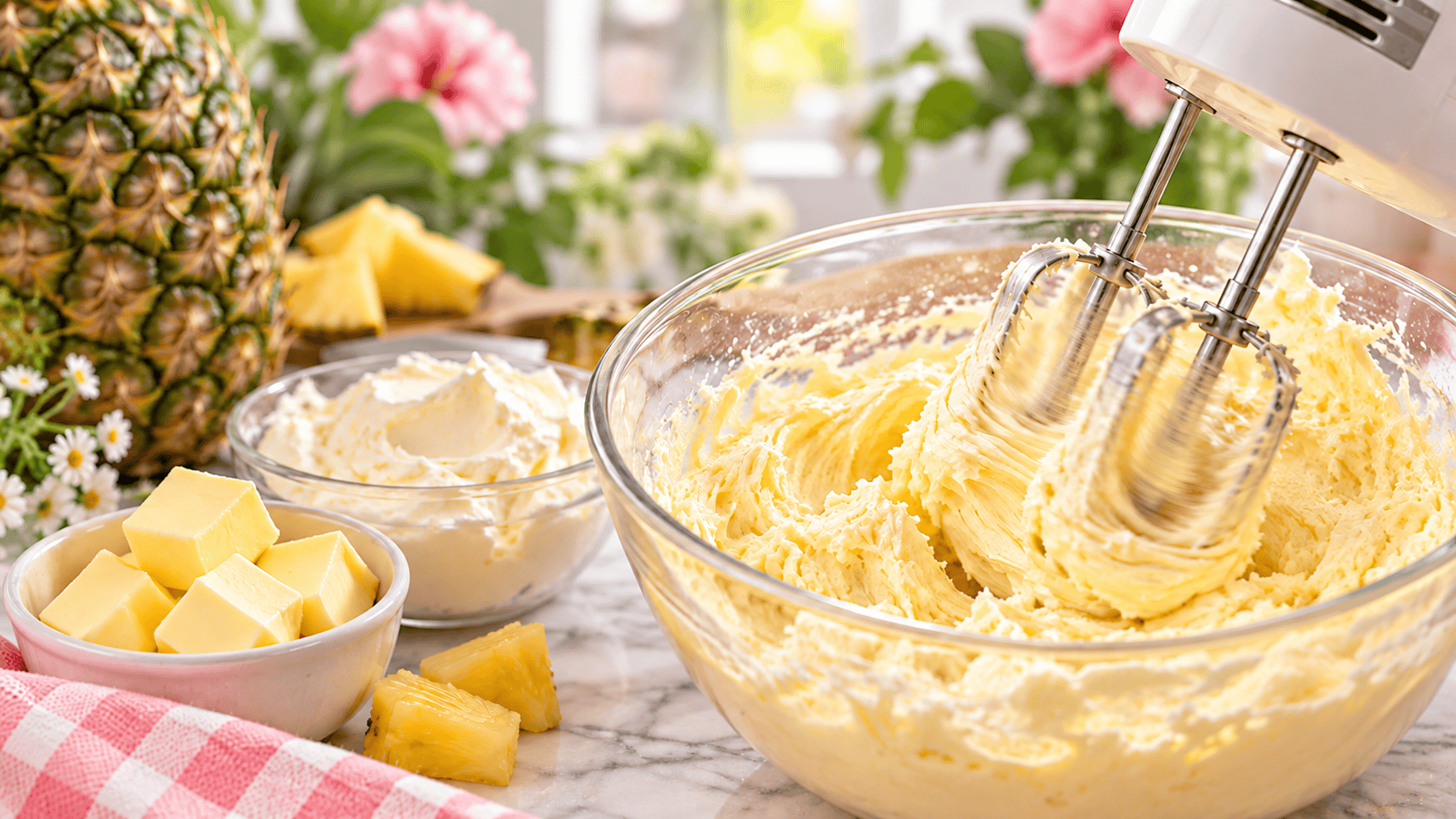 Butter and pineapple cream cheese being whipped with an electric mixer