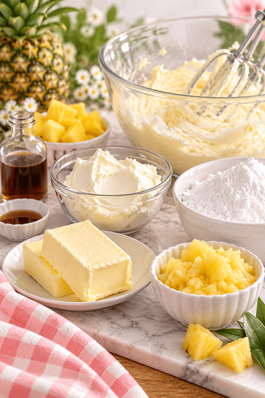 Ingredients for homemade pineapple frosting including butter, cream cheese, powdered sugar, pineapple, and vanilla