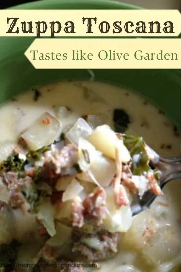 A bowl of creamy copycat Olive Garden Zuppa Toscana with Italian sausage, fresh kale, and tender potatoes.