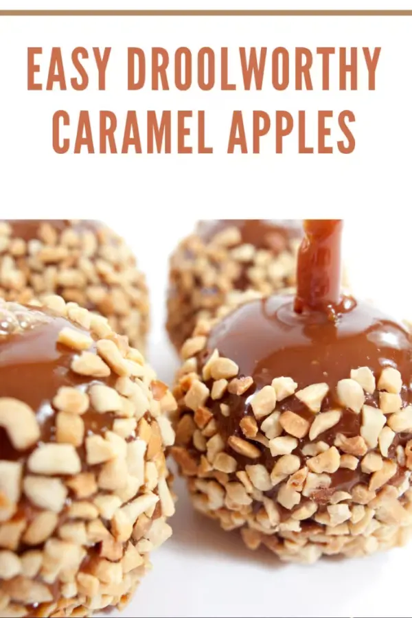 Caramel apples topped with chopped nuts, a quick and easy fall dessert perfect for seasonal celebrations.