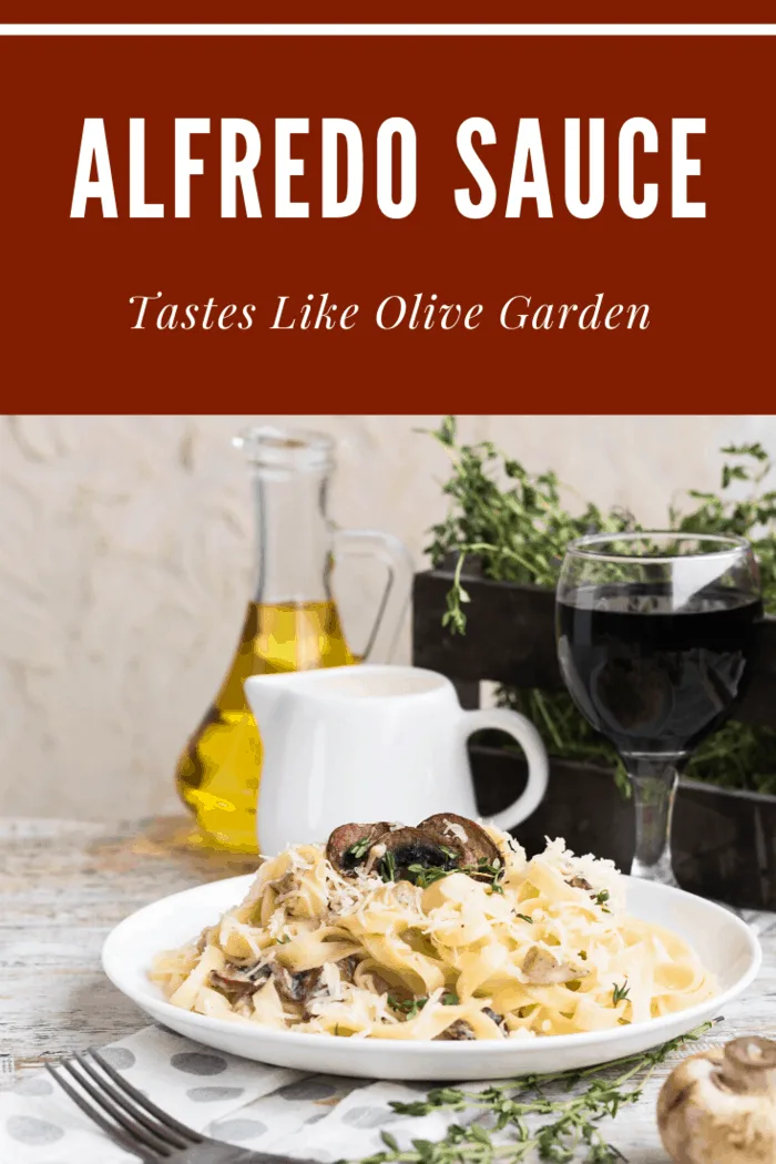 Creamy copycat Olive Garden Alfredo sauce on egg noodles, garnished with fresh basil and a backdrop of olive oil