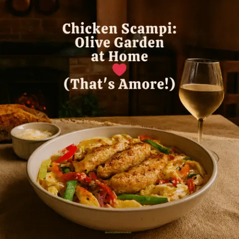 A bowl of creamy Chicken Scampi pasta topped with golden chicken tenders and saut&eacute;ed bell peppers, styled in a rustic Italian kitchen with warm lighting and cozy ambiance.