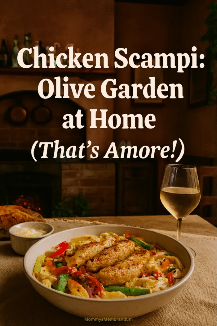 Copycat Olive Garden Chicken Scampi served over pasta with saut&eacute;ed bell peppers and golden pan-seared chicken tenders.