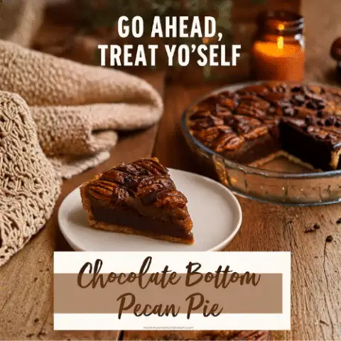 A slice of Chocolate Bottom Pecan Pie with a golden crust, rich chocolate layer, and glossy pecan topping, styled on a rustic table with cozy fall accents.