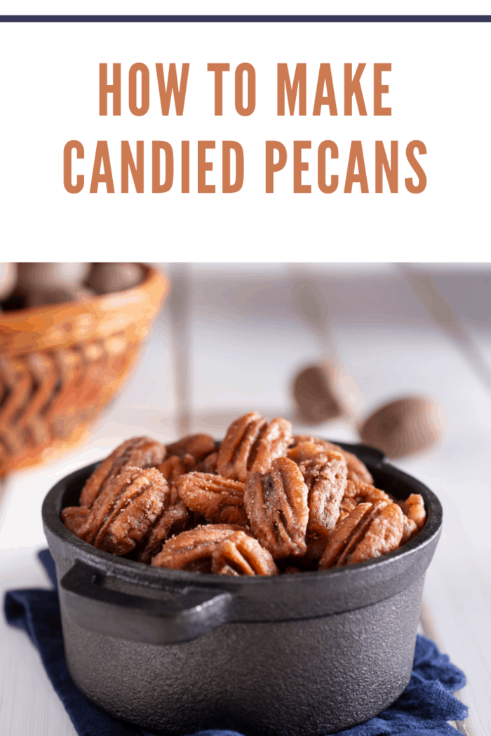 candied pecans in a bowl with pecans in background