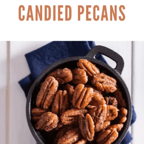 aerial view of candied pecans in black bowl