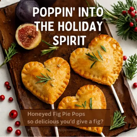 Heart-shaped Honeyed Fig Pie Pops on white sticks, arranged on a rustic tray with fresh rosemary and figs. The golden crust is crimped and brushed with olive oil, styled for a festive holiday vibe.