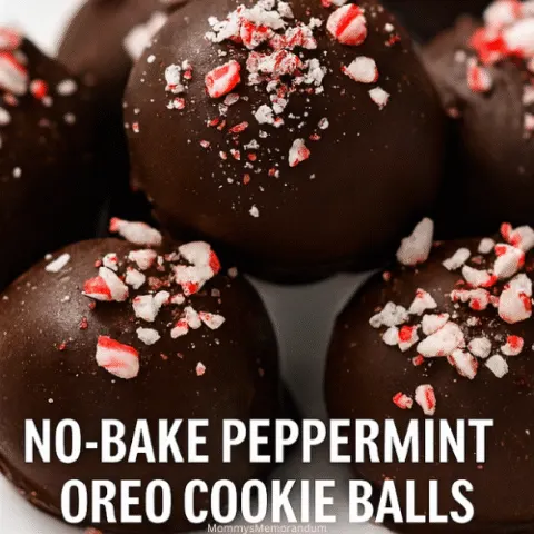 Close-up of glossy chocolate-dipped Peppermint OREO Cookie Balls sprinkled with crushed peppermint candy, arranged on a festive red background with snowflake accents. Text overlay reads: &ldquo;Cookie Swap MVP&mdash;No Baking Required&rdquo; and &ldquo;Wrap &lsquo;em, Gift &lsquo;em, Hoard &lsquo;em.&rdquo;