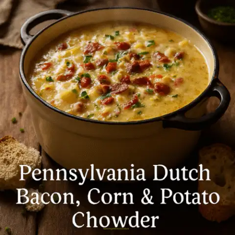 A rustic enamel pot filled with creamy Pennsylvania Dutch chowder, featuring golden potatoes, crispy bacon, sweet corn, and colorful peppers. The pot sits on a wooden table with crusty bread and fresh chives nearby, evoking a cozy, heritage-inspired kitchen scene.