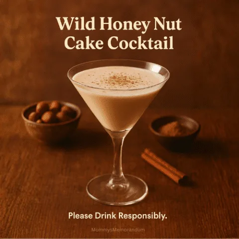A creamy Wild Honey Nut Cake cocktail served in a chilled martini glass, topped with freshly grated nutmeg and surrounded by warm, cozy fall tones. Overlay text reads &ldquo;Wild Honey Nut Cake Cocktail&rdquo; with &ldquo;Please Drink Responsibly&rdquo; at the bottom.
