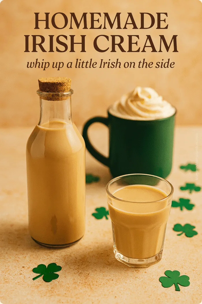 Bottle and glass of homemade Irish cream with a mug topped with whipped cream in the background, styled with green shamrock confetti