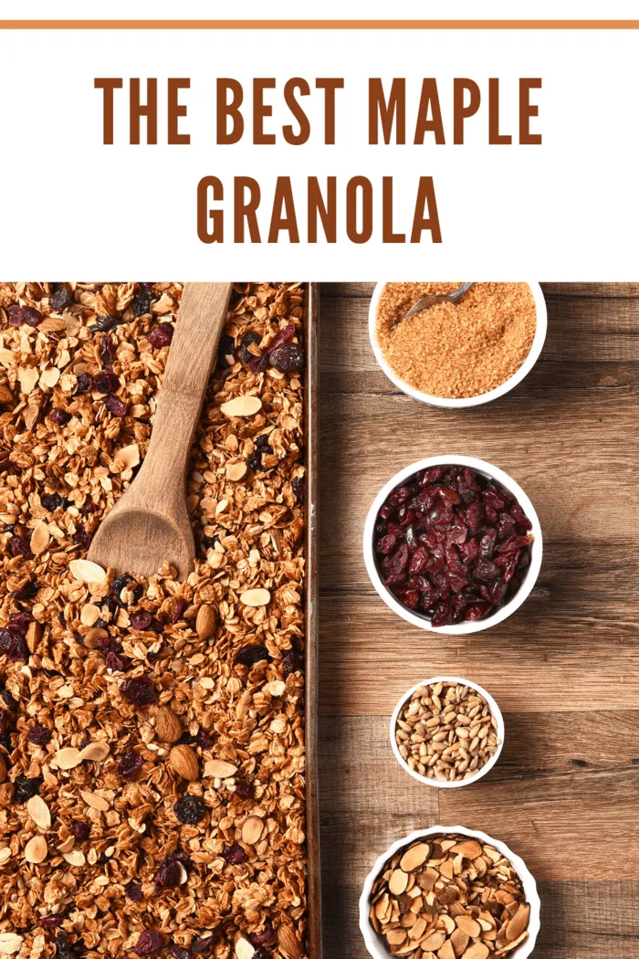 Maple granola spread on a baking sheet with oats, nuts, and syrup in bowls, ready for baking