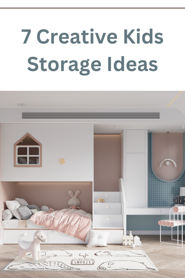 Kid's room with built-in bed featuring pull-out drawers and shelving for creative storage.