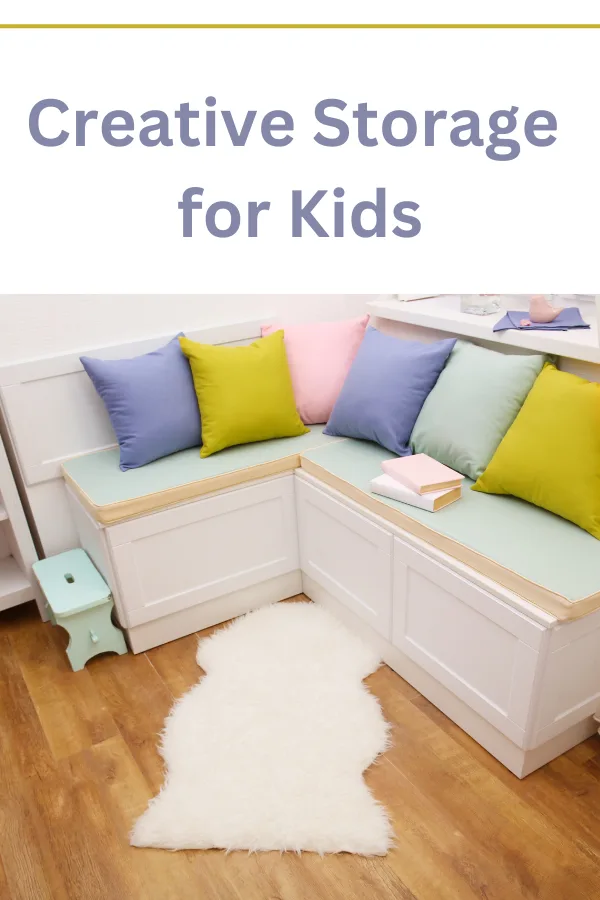 Kids room storage bench with colorful drawers, providing a creative and fun solution for organizing toys.