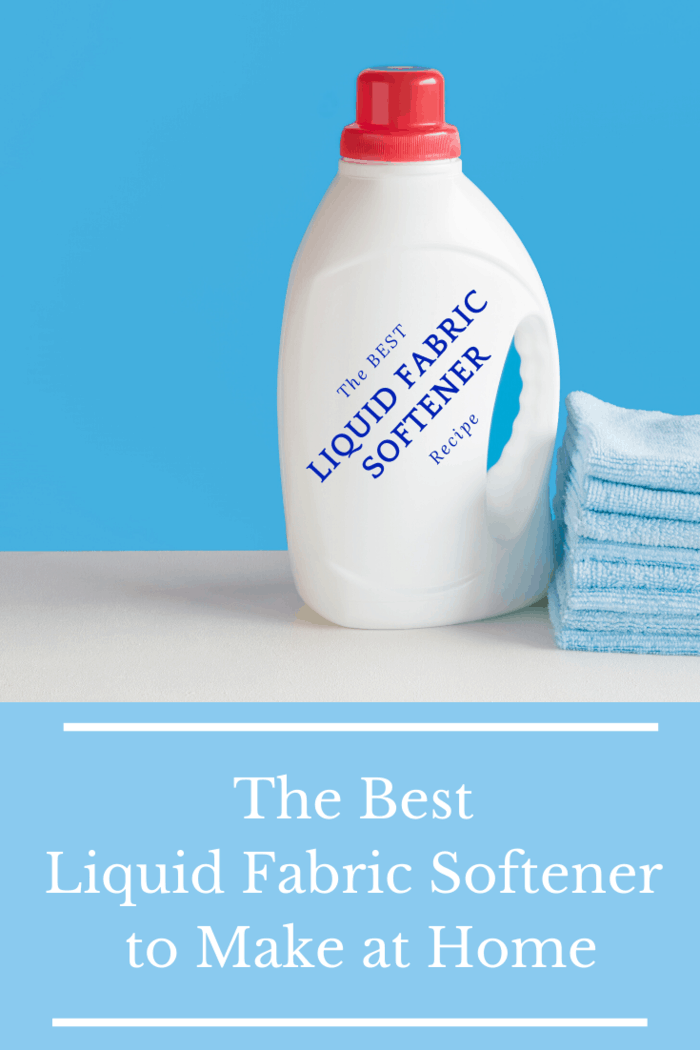 A white bottle with a red cap labeled 'The Best Liquid Fabric Softener Recipe' next to a stack of blue towels on a blue background.