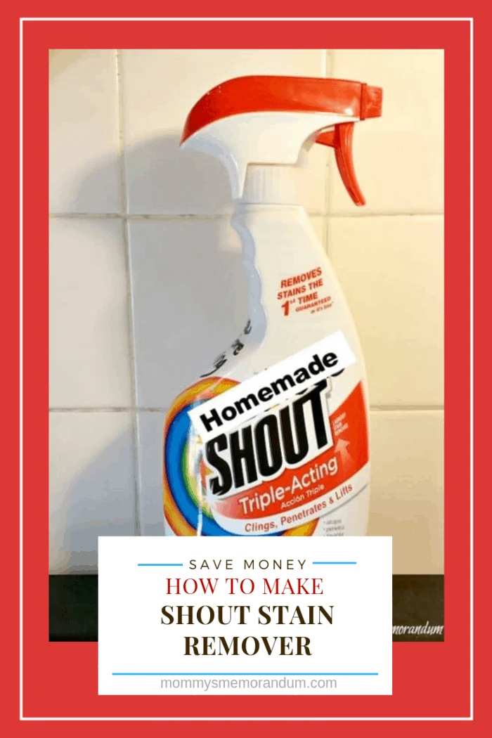 homemade copy cat shout stain remover in bottle with white tile background.