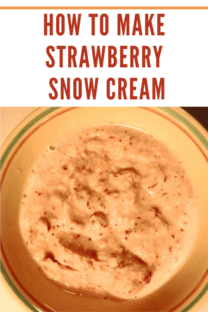 Bowl of strawberry snow cream, a refreshing winter dessert made with fresh snow and strawberries