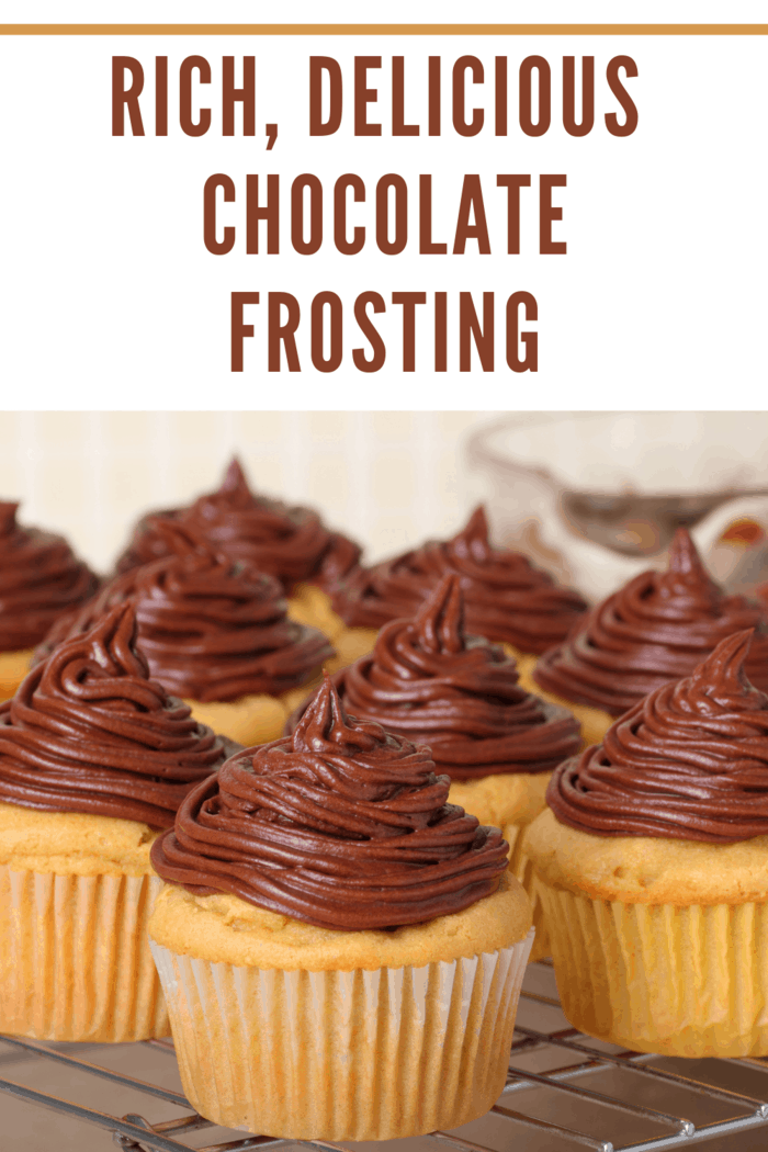 Closeup of cup cakes with chocolate icing on a cooling rack