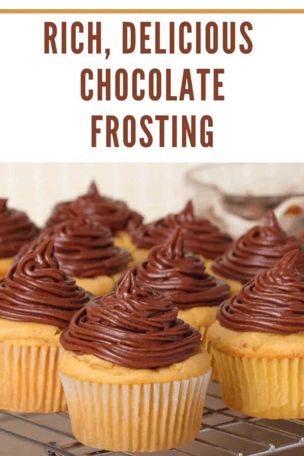 Smooth, easy-to-make chocolate frosting spread on cupcakes with a glossy finish.