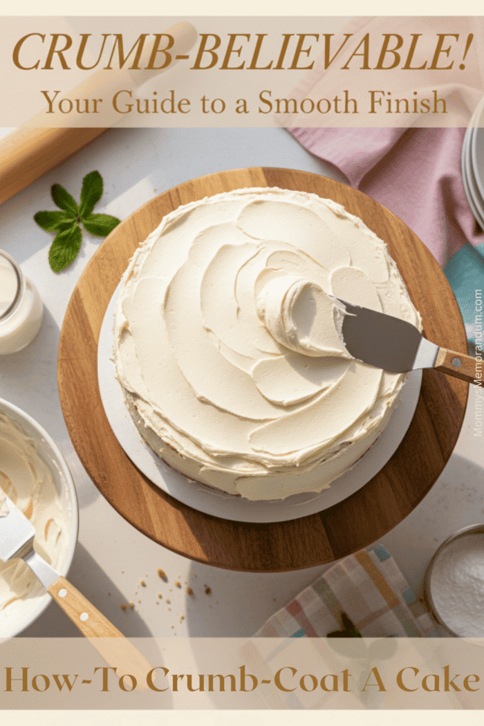 Vanilla layer cake being crumb coated with white buttercream using an offset spatula on a wooden cake stand