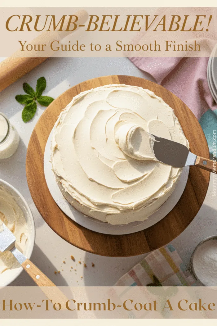 Vanilla layer cake being crumb coated with white buttercream using an offset spatula on a wooden cake stand