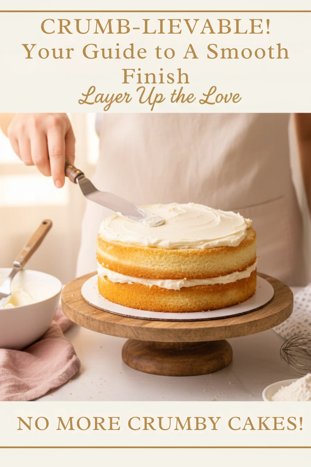 Layered cake being smoothly crumb coated with white frosting using an offset spatula