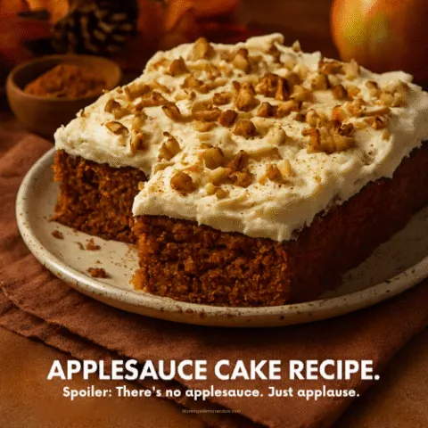 A frosted applesauce cake garnished with chopped walnuts sits on a rustic ceramic plate surrounded by fall leaves, cinnamon, and apples. Text overlay reads &ldquo;Tastes like fall. Bakes like a shortcut.&rdquo; with subtitle &ldquo;Applesauce Cake Recipe&rdquo; and tagline &ldquo;Spoiler: There&rsquo;s no applesauce. Just applause.&rdquo;