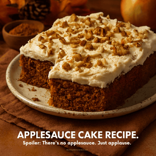 A frosted applesauce cake garnished with chopped walnuts sits on a rustic ceramic plate surrounded by fall leaves, cinnamon, and apples. Text overlay reads “Tastes like fall. Bakes like a shortcut.” with subtitle “Applesauce Cake Recipe” and tagline “Spoiler: There’s no applesauce. Just applause.”