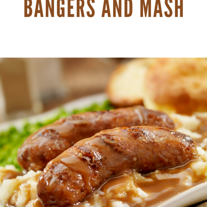 Bangers and Mash are essentially succulent savory sausages in rich onion gravy served with creamy mashed potatoes.