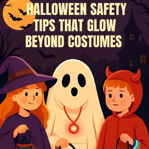 Three children in Halloween costumes&mdash;witch, ghost, and devil&mdash;stand under a glowing moon with NiteIze LED safety lights attached to their outfits. The scene emphasizes visibility and safety during nighttime trick-or-treating.