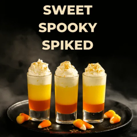 Single layered Candy Corn Shooter with whipped cream and glitter, styled on black velvet with candy corn and Halloween props